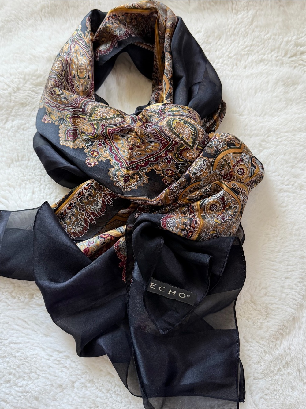 ECHO 100% Silk Black Paisley Medallion Long Scarf Wrap 21x78